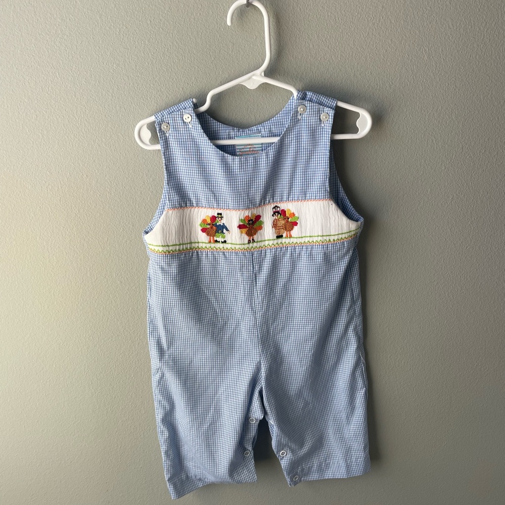 Southern Sunshine Blue Gingham Smocked Thanksgiving Turkey JonJon Longall Romper